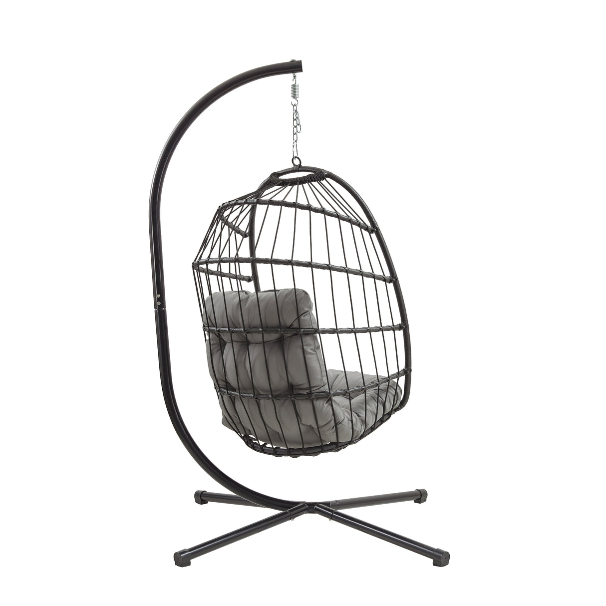 Black rattan hanging egg chair with a plush gray cushion, suspended from a sturdy metal frame, perfect for outdoor relaxation