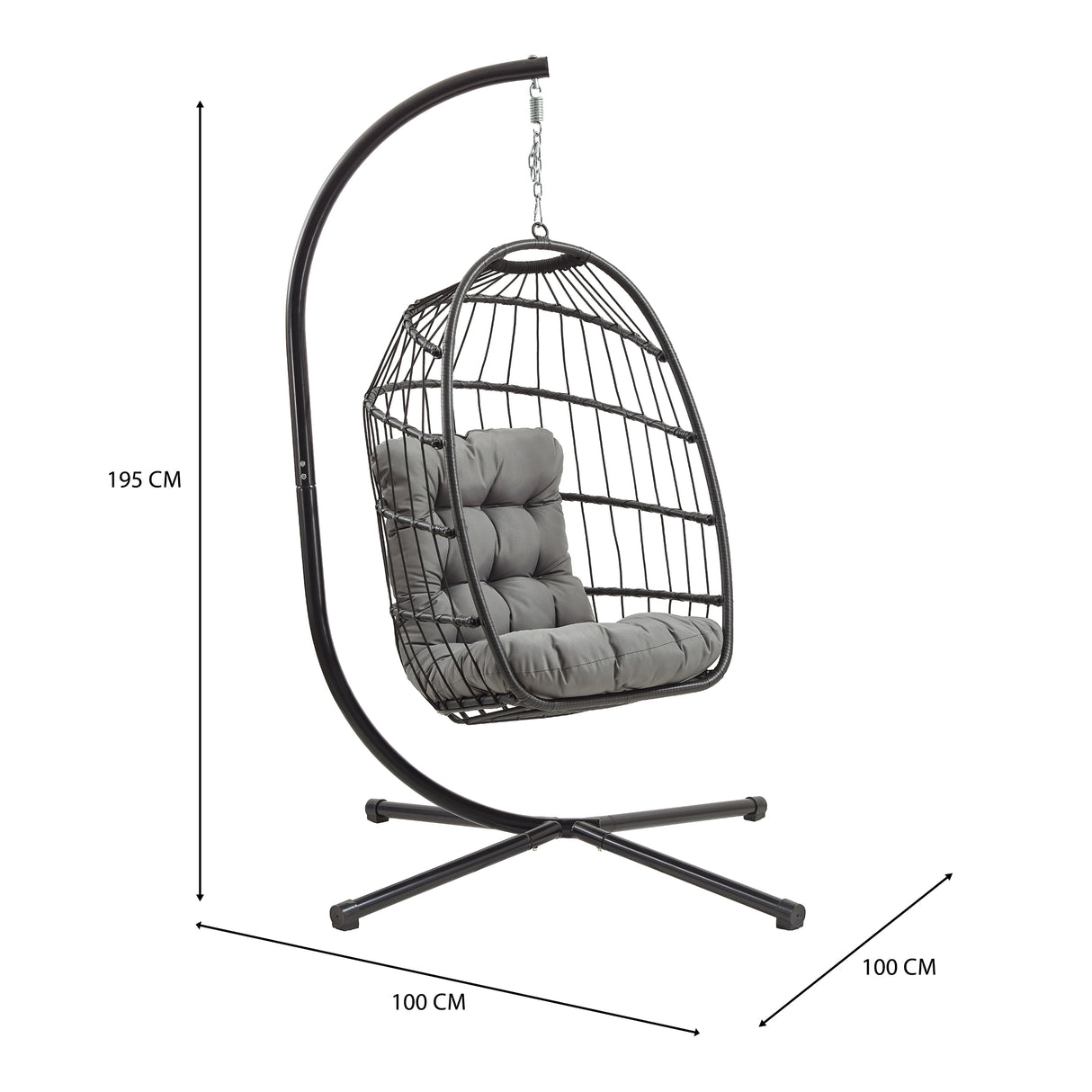 Black rattan hanging egg chair with plush gray cushions, featuring a sleek curved stand and modern design, ideal for outdoor relaxation