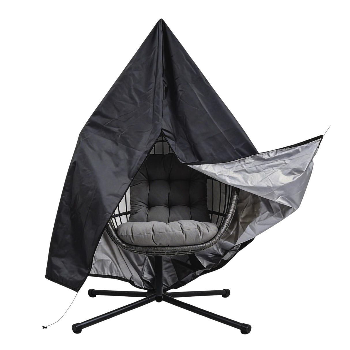 Black rattan hanging egg chair with a plush gray cushion, featuring a sleek, modern design and a sturdy metal base for stability