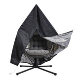 Black rattan hanging egg chair with a plush gray cushion, featuring a sleek, modern design and a sturdy metal base for stability