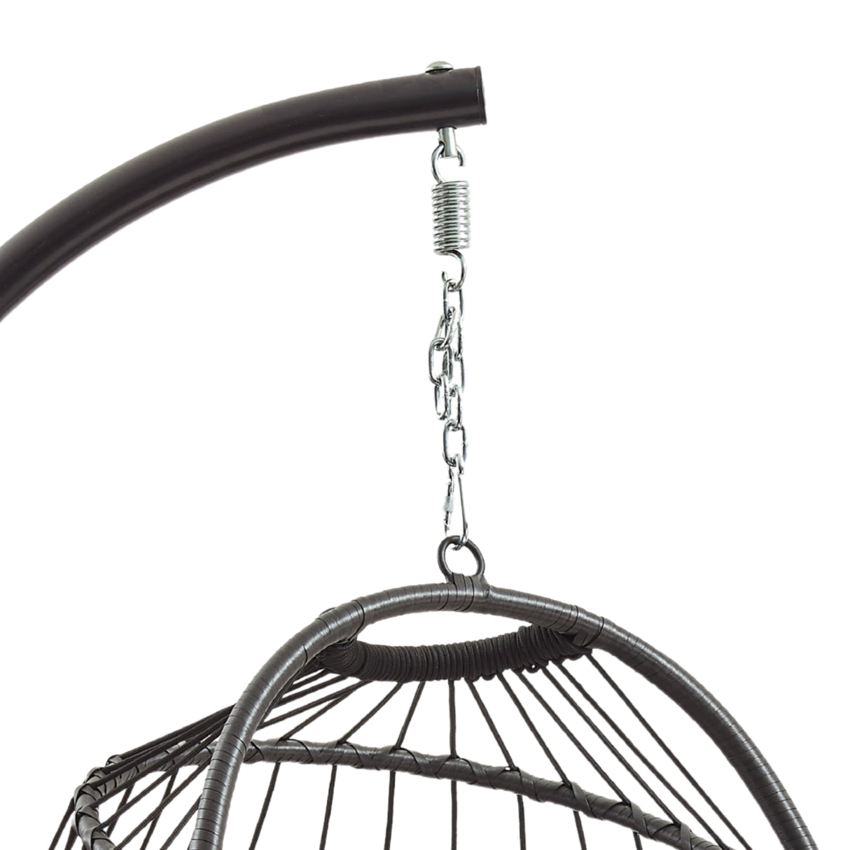 Black rattan hanging egg chair with a curved metal frame, featuring a woven texture and a sleek, modern design for outdoor relaxation