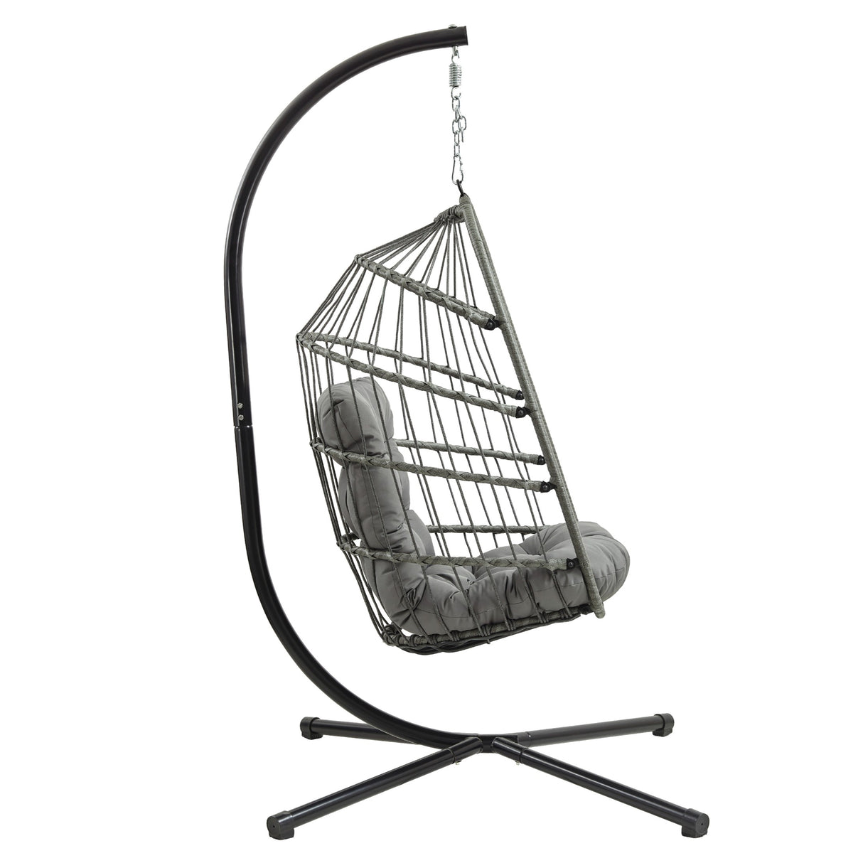Grey rattan hanging egg chair with plush cushioning, suspended from a sleek black metal frame, perfect for outdoor relaxation
