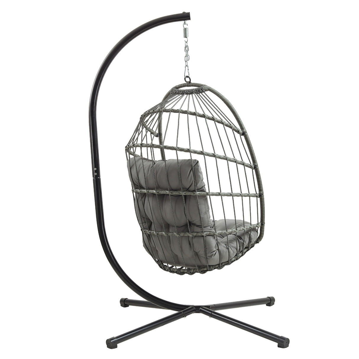 Grey rattan hanging egg chair with plush cushions, suspended from a sleek black metal stand, perfect for indoor or outdoor relaxation