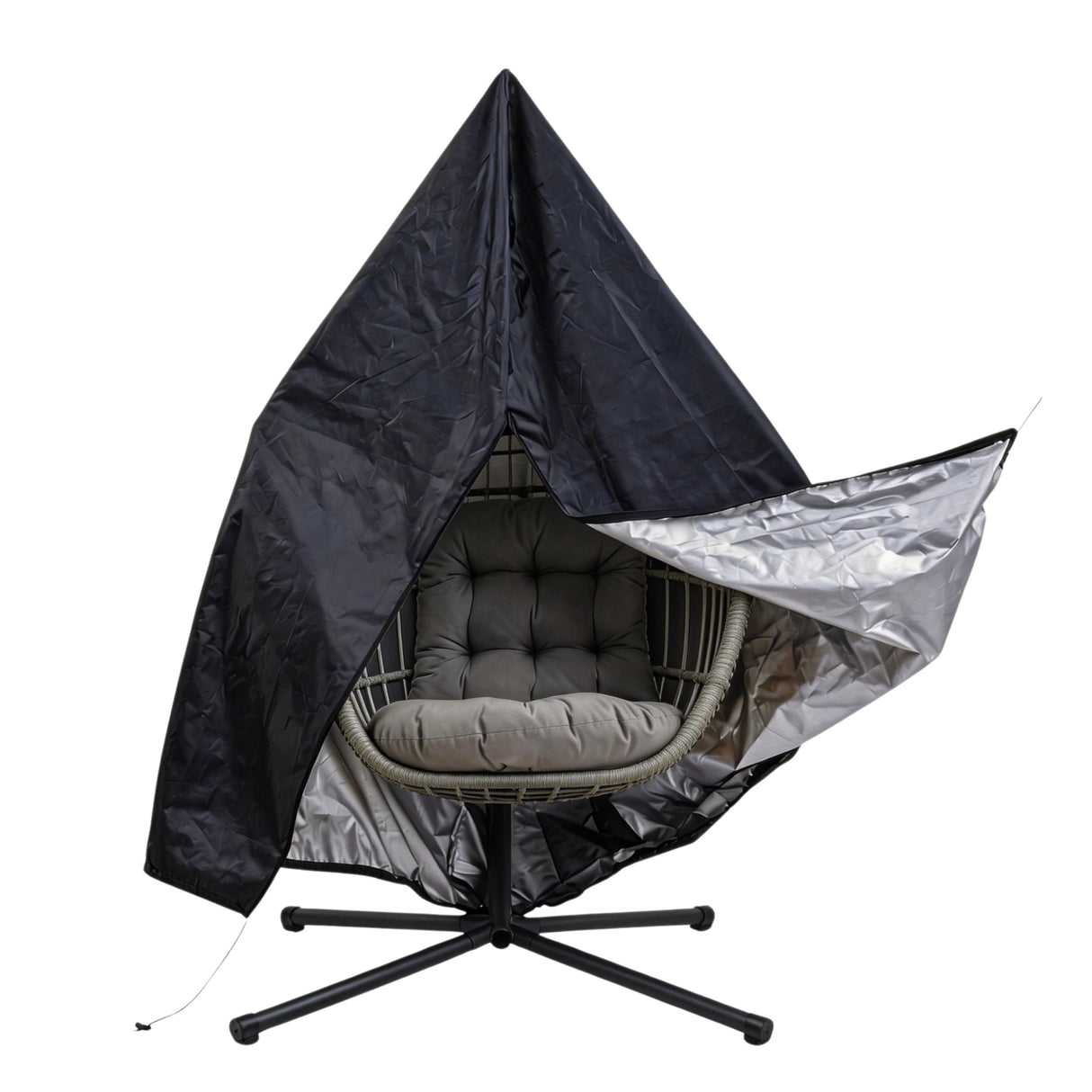 Stylish grey rattan hanging egg chair with a plush cushion, featuring a unique teardrop shape and sturdy black metal base