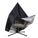 Stylish grey rattan hanging egg chair with a plush cushion, featuring a unique teardrop shape and sturdy black metal base