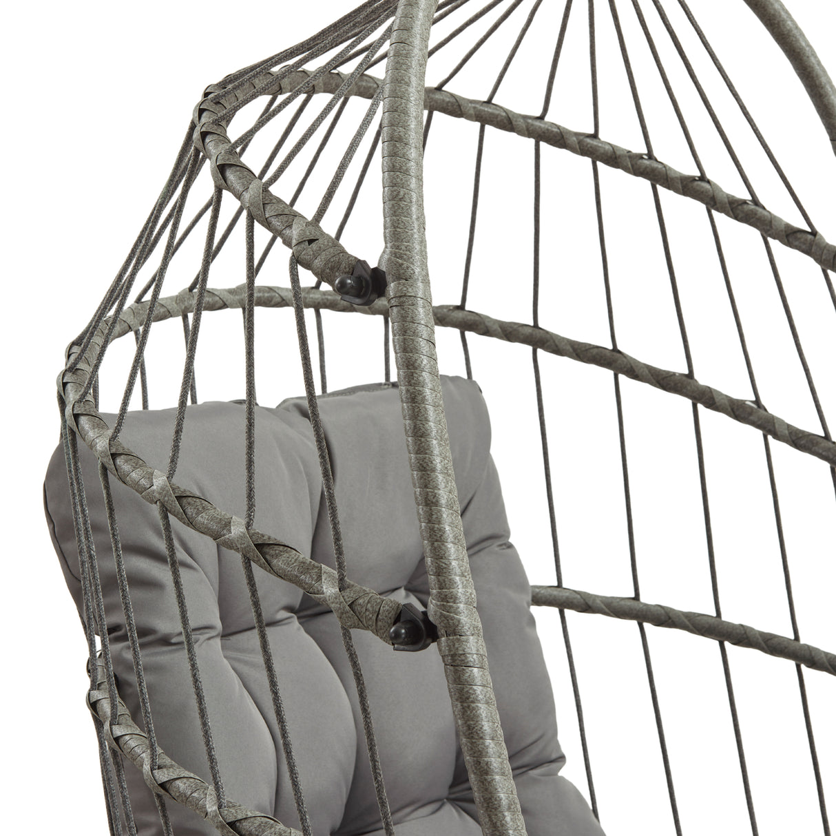 Stylish grey rattan hanging egg chair featuring a cozy cushion, intricate woven design, and a sturdy metal frame for outdoor relaxation