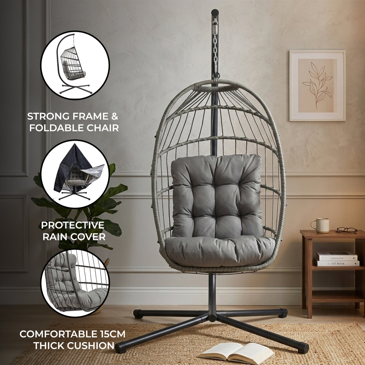 Grey rattan hanging egg chair with a sturdy frame, plush 15cm thick cushion, and protective rain cover, ideal for indoor or outdoor use