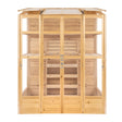 Victorian greenhouse made of natural wood with clear glass panels, featuring multiple shelves and a spacious interior for plants