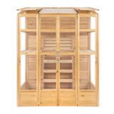 Victorian greenhouse made of natural wood with clear glass panels, featuring multiple shelves and a spacious interior for plants