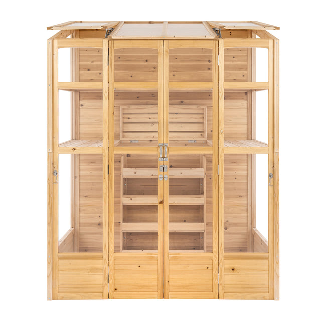 Victorian greenhouse made of natural wood with clear glass panels, featuring multiple shelves and a spacious interior for plants