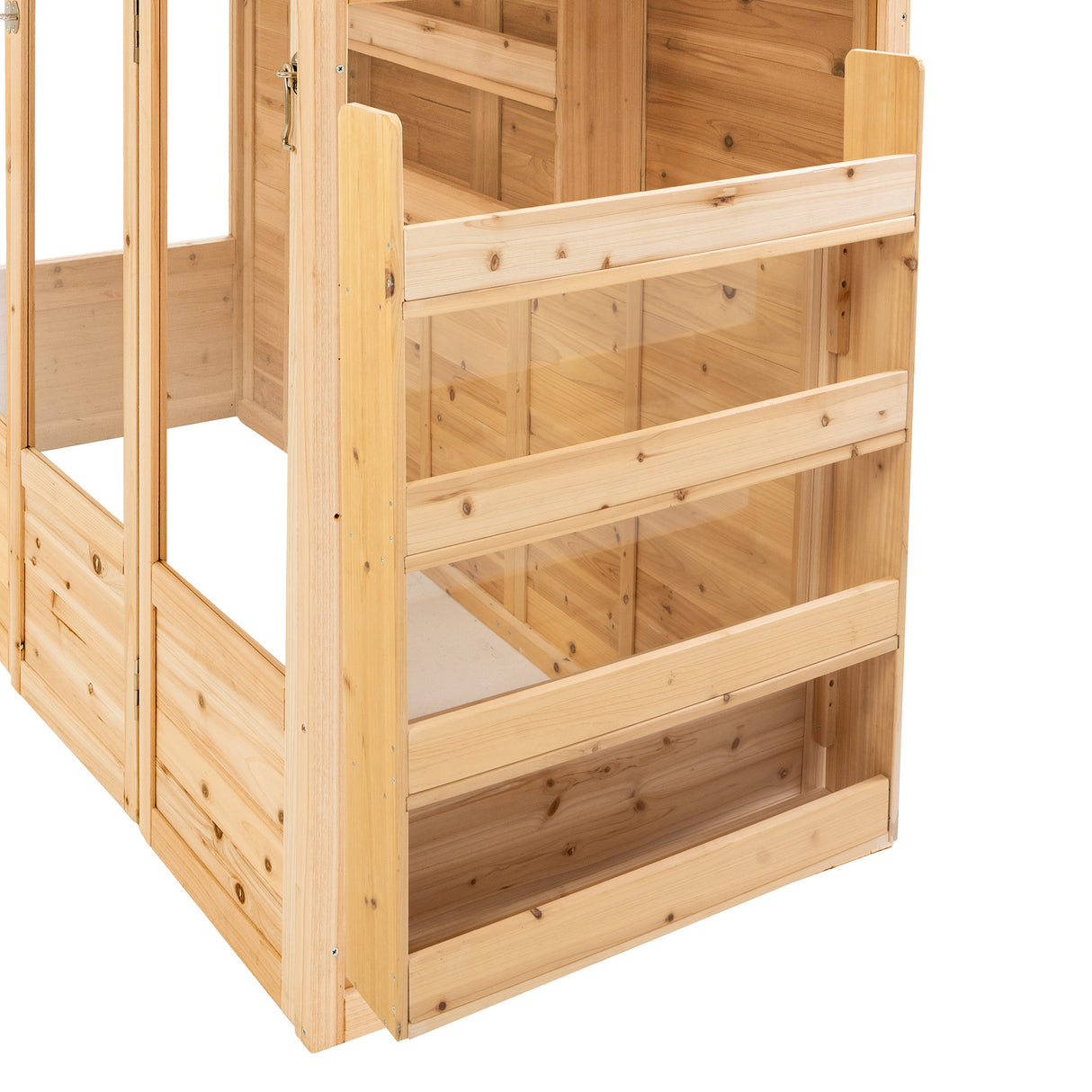 Natural wood Victorian greenhouse with clear glass panels, showcasing a sturdy, rustic design and smooth, light-colored timber