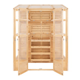 Victorian greenhouse in natural wood, featuring multiple shelves, clear glass panels, and a spacious interior for plants