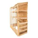 Victorian greenhouse in natural wood finish, featuring multiple glass panels, shelves, and a sloped roof for optimal sunlight