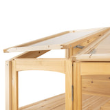 Natural wood Victorian greenhouse with clear glass panels, featuring a sloped roof and detailed wooden framing for optimal sunlight