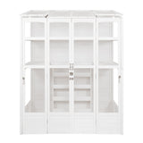 Victorian-style white greenhouse featuring multiple shelves, large glass panels, and elegant double doors for easy access