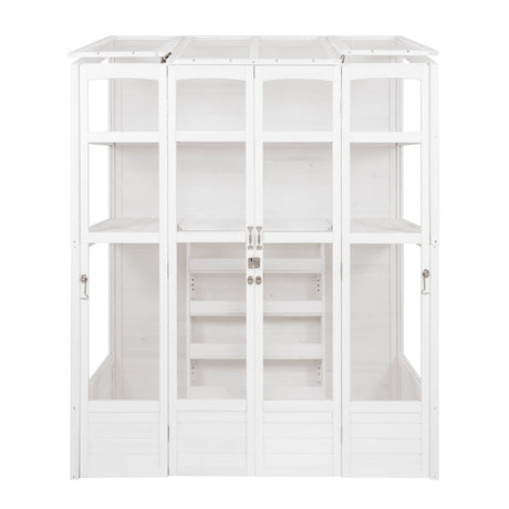 Victorian-style white greenhouse featuring multiple shelves, large glass panels, and elegant double doors for easy access