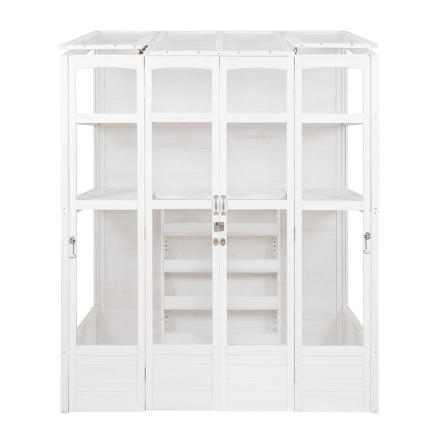 Victorian-style white greenhouse featuring multiple shelves, large glass panels, and elegant double doors for easy access