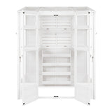 Victorian-style white greenhouse with double doors, wooden slats, and multiple shelves for plants, showcasing elegant design and functionality