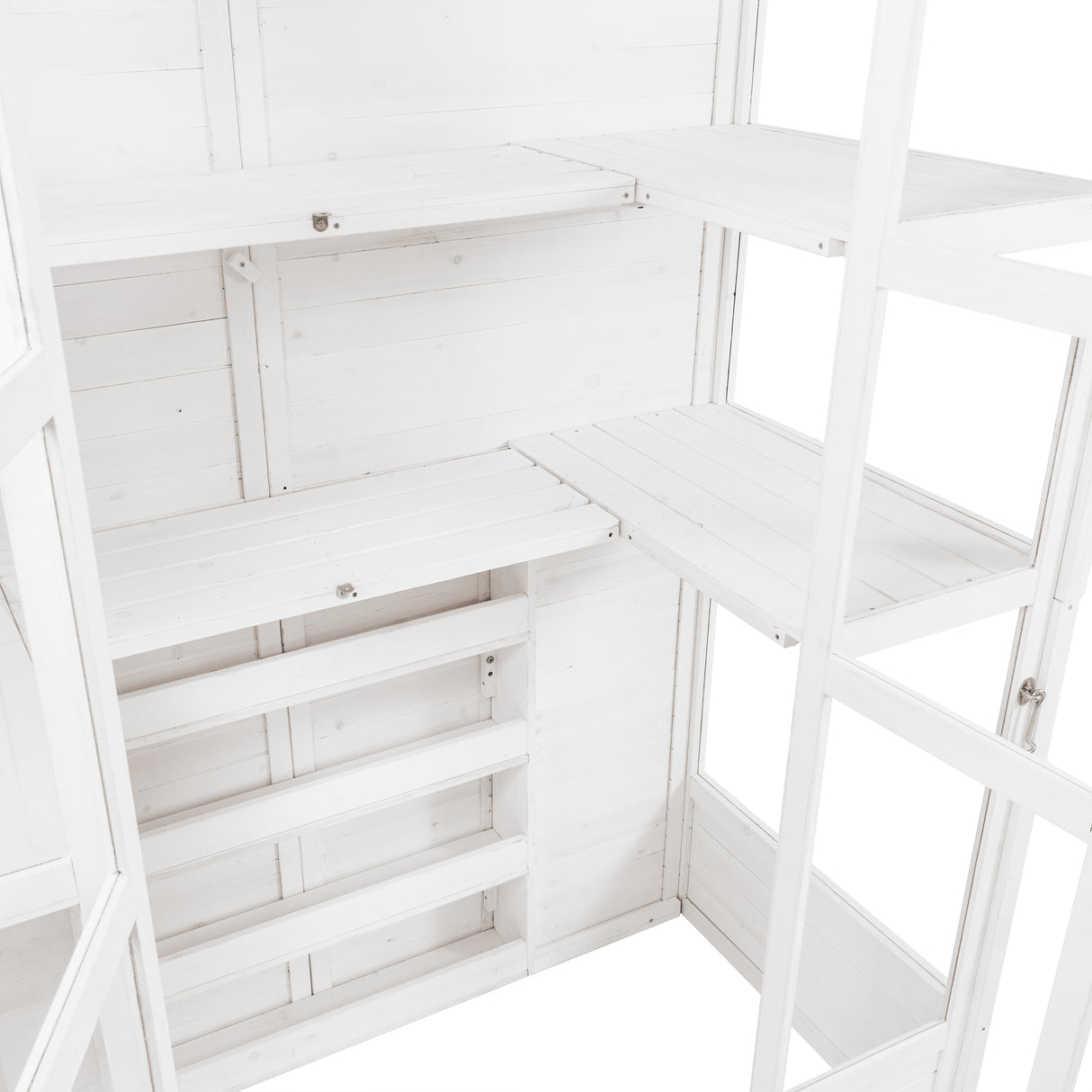 Bright white Victorian greenhouse interior featuring wooden shelves, clean lines, and ample space for plants and gardening supplies