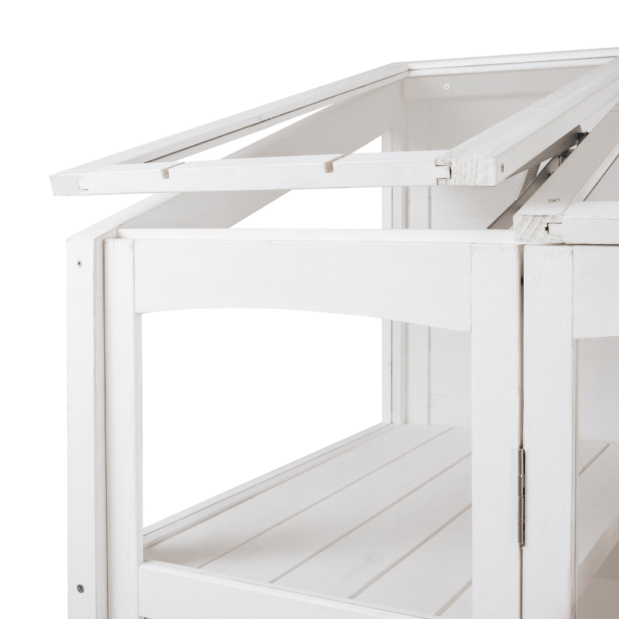 Elegant white Victorian greenhouse with wooden slats, featuring a spacious interior and open roof for optimal sunlight exposure