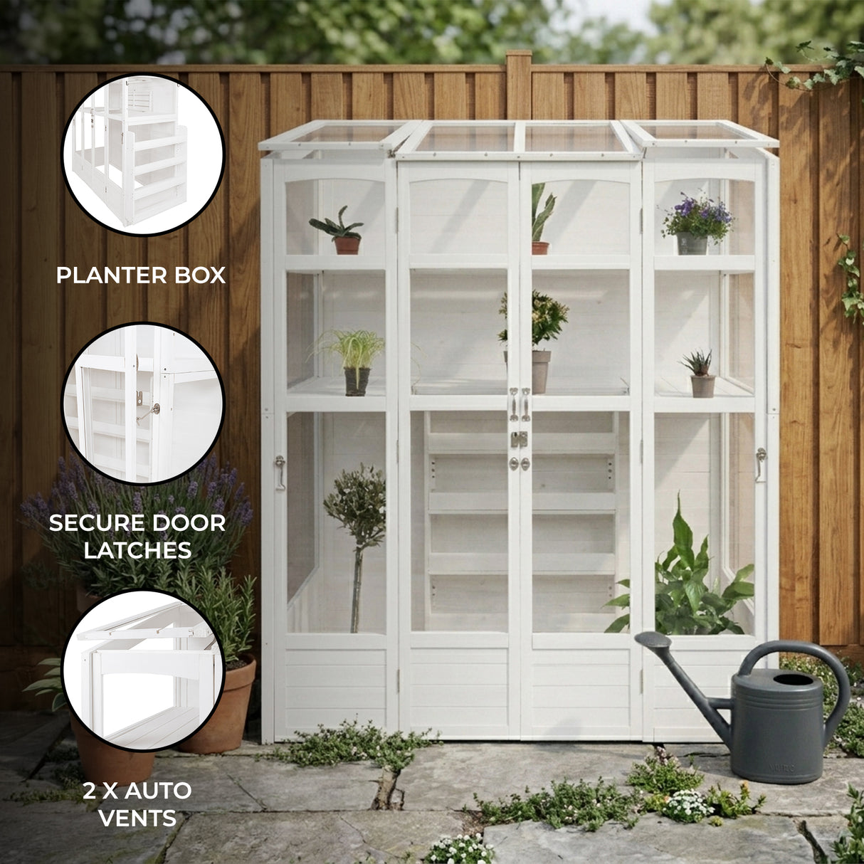 Victorian-style white greenhouse with glass panels, secure door latches, and two auto vents, surrounded by plants on a stone patio