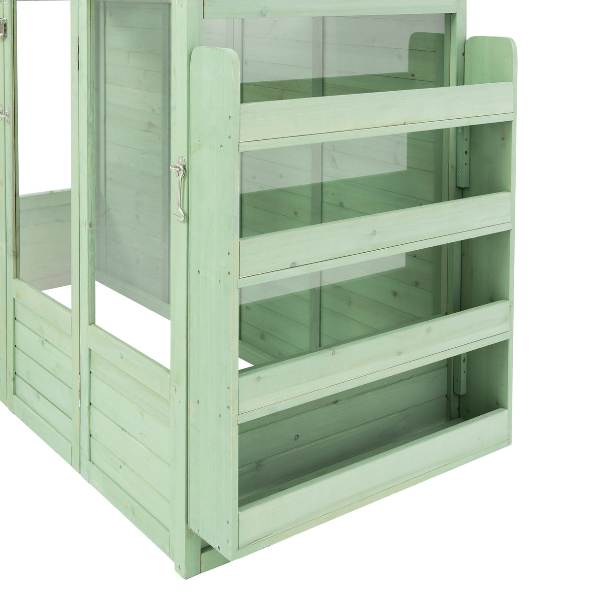 Victorian greenhouse in soft green wood, featuring three open shelves and large glass panels for ample sunlight and ventilation