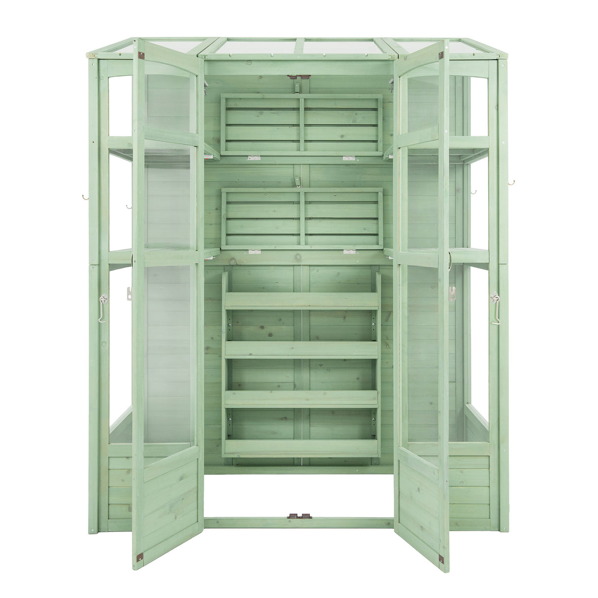 Victorian greenhouse in soft green, featuring wooden shelves, glass panels, and double doors for easy access and ventilation