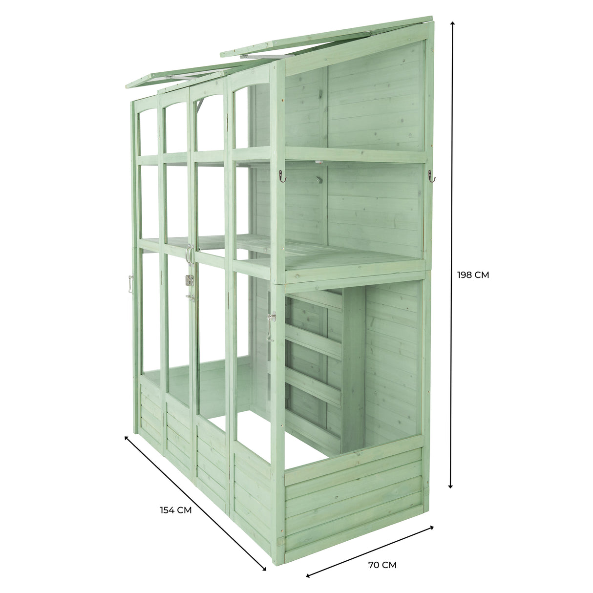 Victorian-style greenhouse in soft green wood, featuring multiple shelves, glass panels, and a tall, elegant design for plants