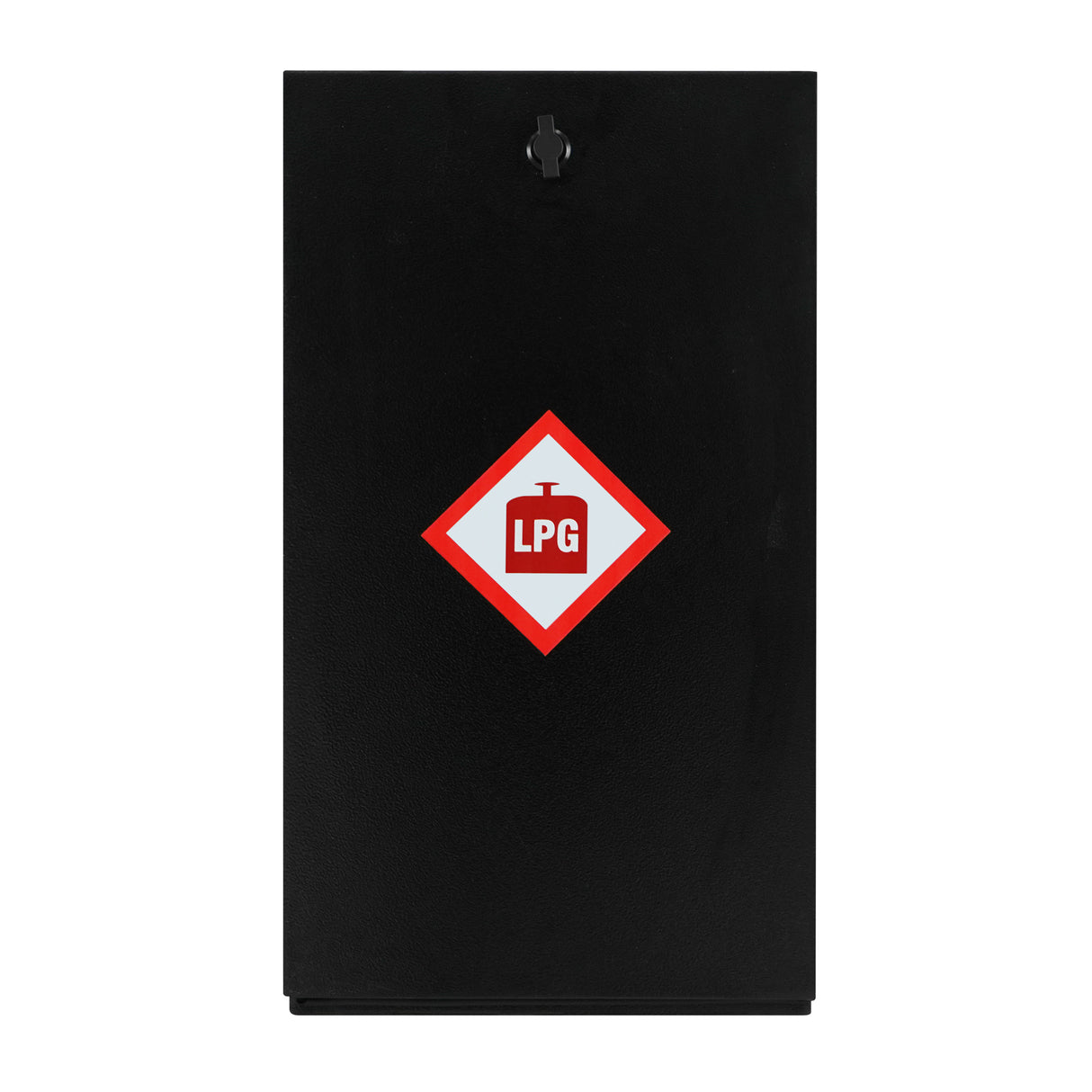 Black gas bottle locker for 6kg LPG cylinders, featuring a prominent red and white hazard label for safety and identification