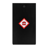 Black gas bottle locker for 6kg LPG cylinders, featuring a prominent red and white hazard label for safety and identification