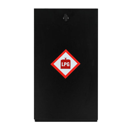 Black gas bottle locker for 6kg LPG cylinders, featuring a prominent red and white hazard label for safety and identification