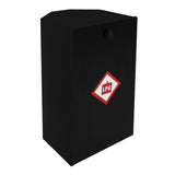 Black gas bottle locker for 6kg LPG cylinders featuring a safety warning label, sturdy construction, and a sleek design