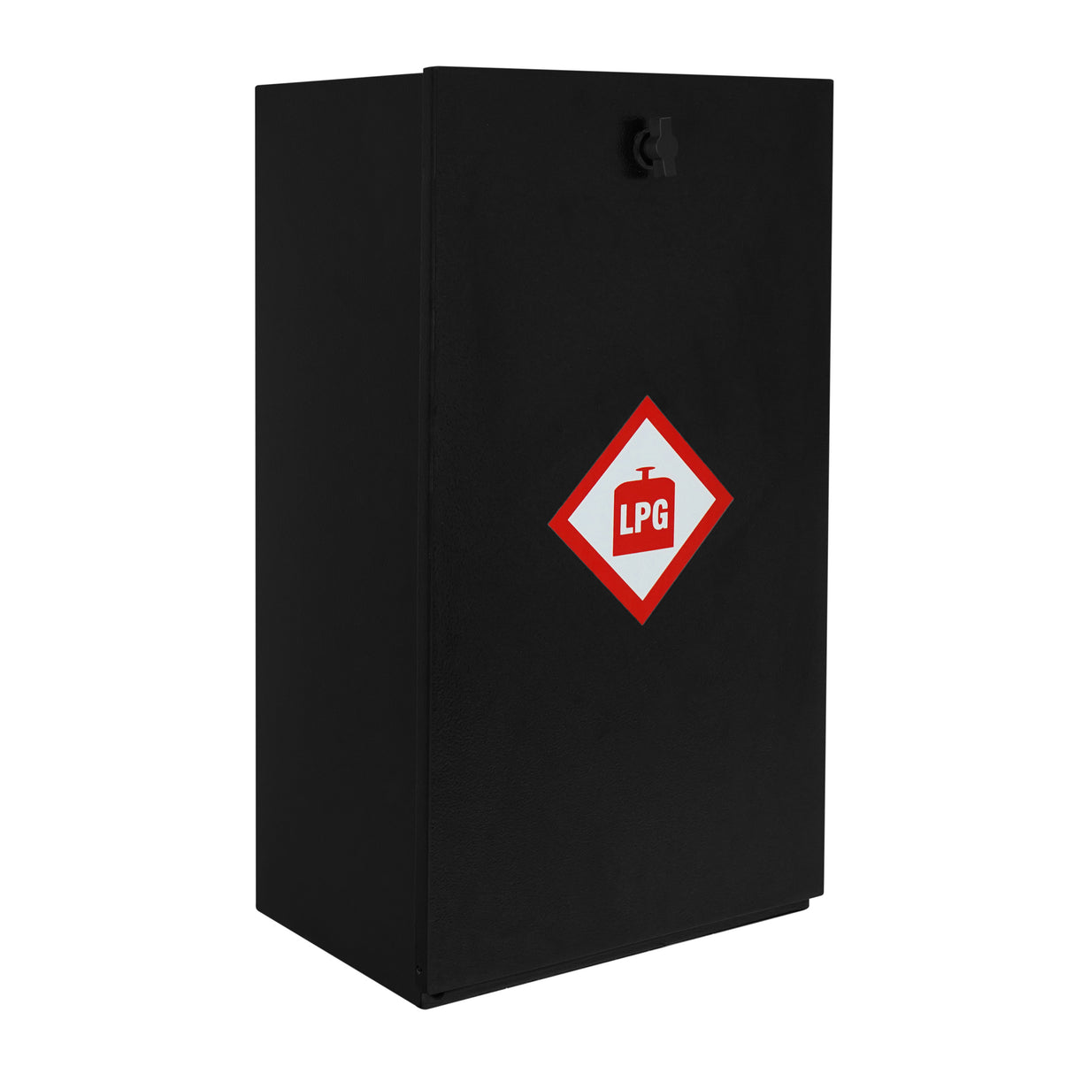 Black gas bottle locker designed for 6kg LPG cylinders, featuring a red hazard label and a secure locking mechanism for safety