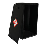 Sturdy black gas bottle locker with an open door, featuring a red LPG hazard symbol, designed for secure storage of 6kg gas bottles