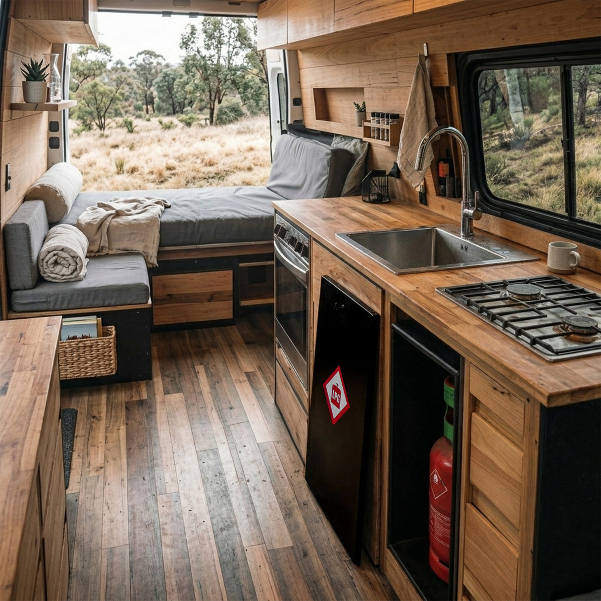 Stylish van interior featuring wooden cabinetry, a cozy seating area, and a visible 6kg gas bottle locker in red near the kitchen