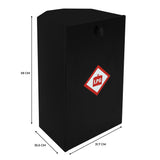 Black gas bottle locker for 6kg bottles, featuring a warning label, with dimensions 59 cm height, 35.5 cm width, and 31.7 cm depth