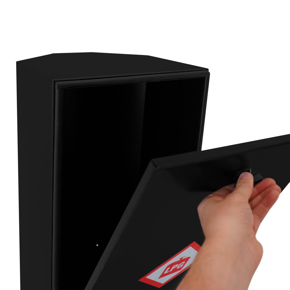 Durable black gas bottle locker with a sleek design, featuring a secure door and a warning label for safe storage of 6kg gas bottles