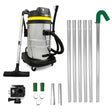 50L wet and dry vacuum with a stainless steel body, black hose, multiple aluminum poles, and a camera for gutter cleaning tasks
