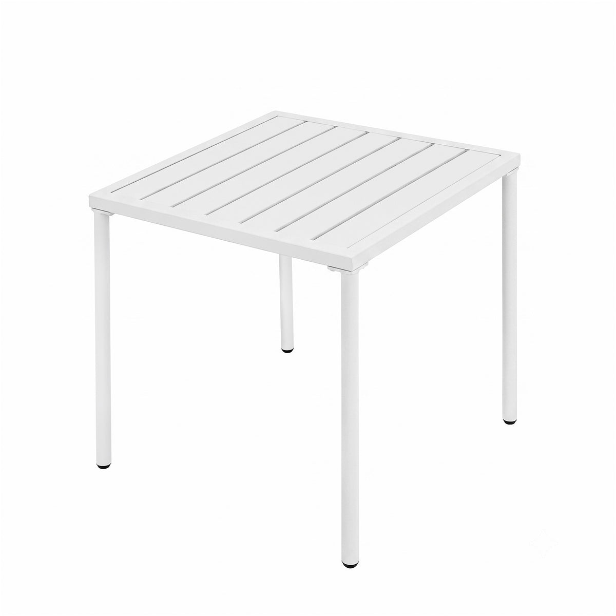 Cream-colored bistro table with a slatted top and sleek white metal legs, perfect for outdoor dining or small spaces