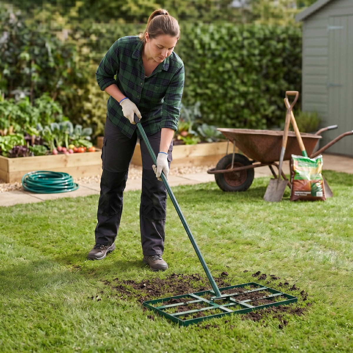 A woman using a green 100cm lawn leveller on a grassy yard, surrounded by garden beds and gardening tools in the background
