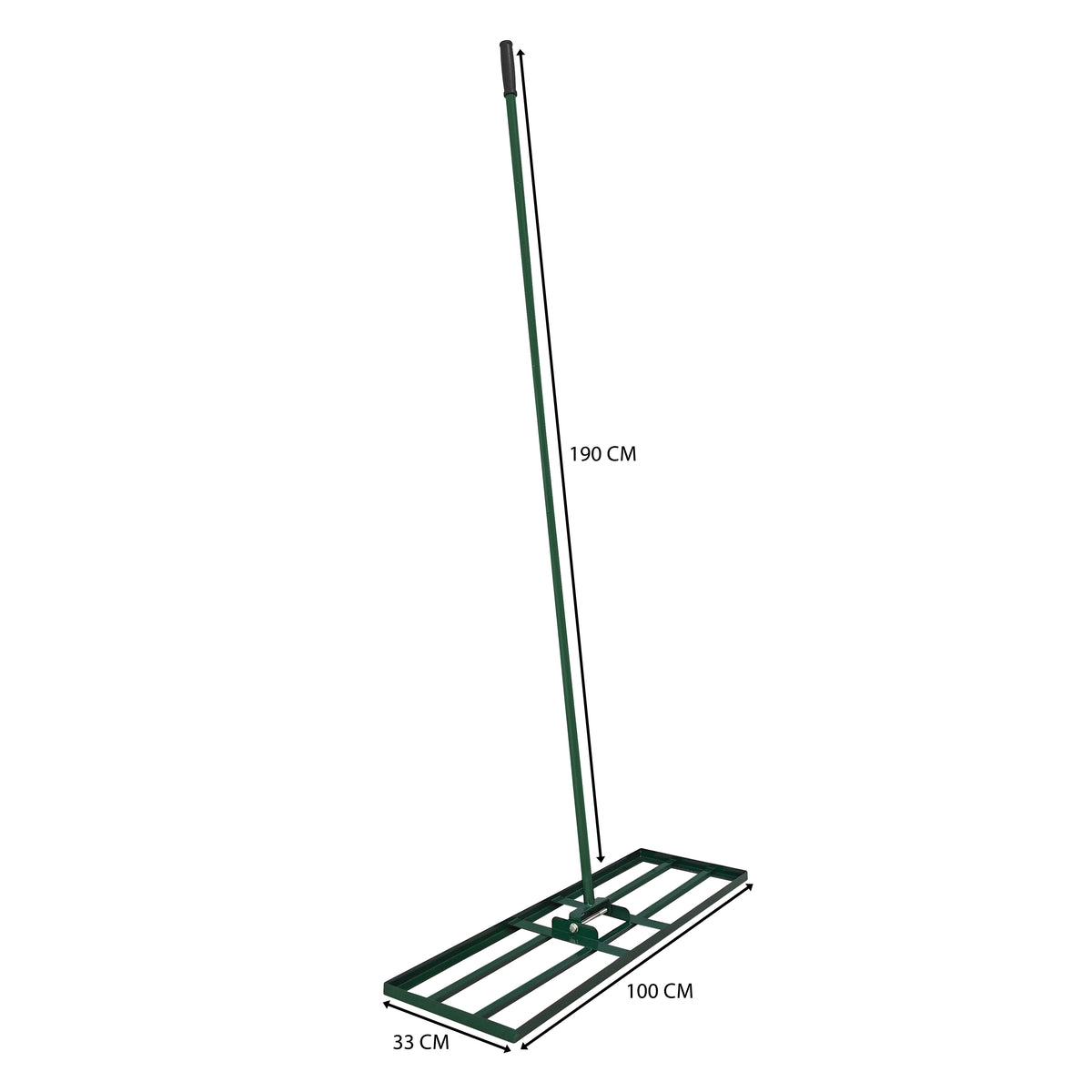Green 100cm lawn leveller with a sturdy metal frame, featuring a long handle for easy maneuvering and a wide leveling base