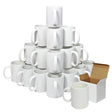 Stack of 1440 blank white sublimation mugs with smooth surfaces, ideal for custom designs, alongside an open cardboard box