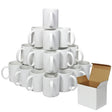 Stack of 16 blank white sublimation mugs arranged in a pyramid with an open cardboard box on the side, ideal for custom designs