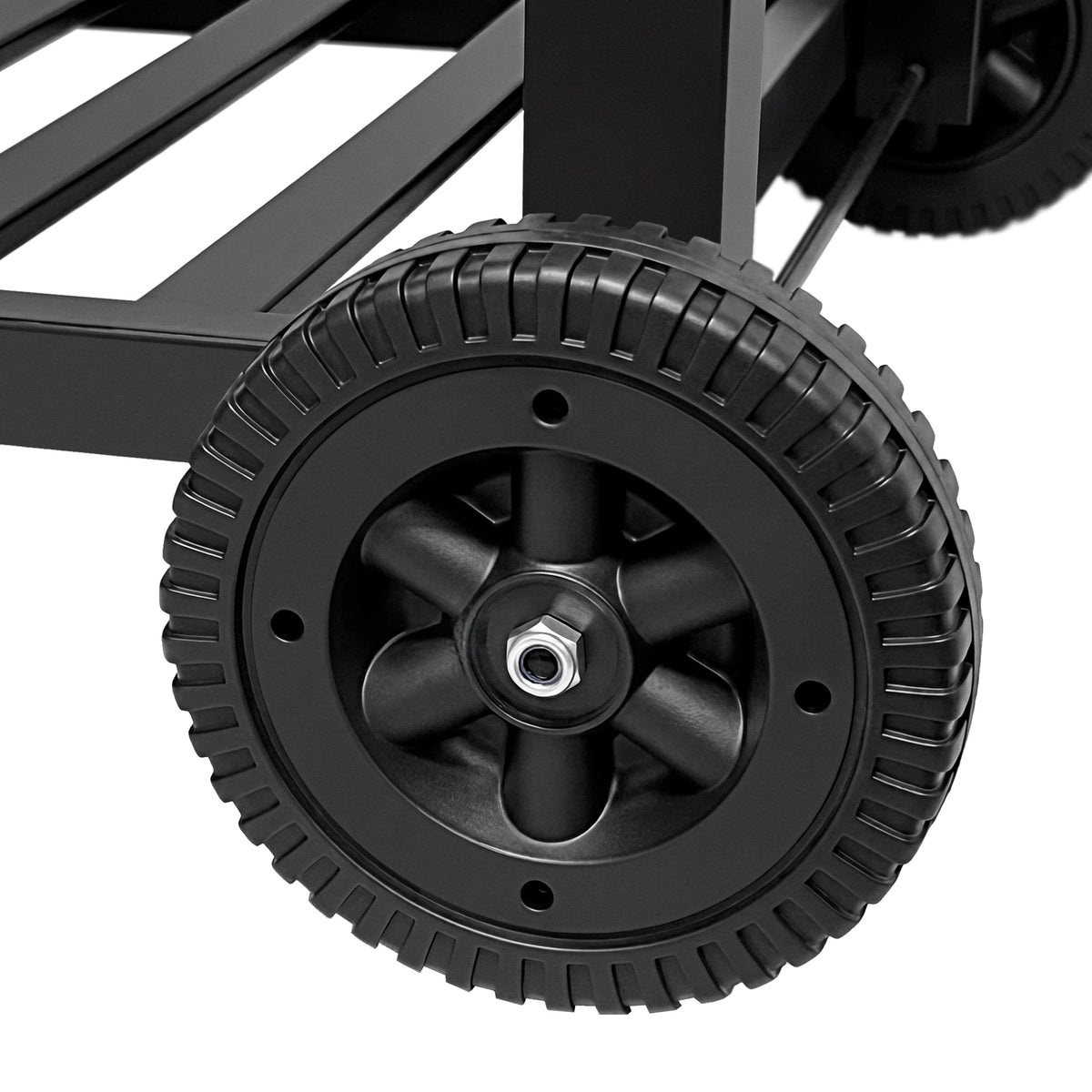 Close-up of a durable black wheel on a BBQ smoker grill, featuring a textured surface and sturdy design for easy mobility