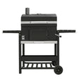 XL BBQ smoker grill in sleek black with stainless steel accents, featuring a side shelf, adjustable chimney, and sturdy wheels for mobility