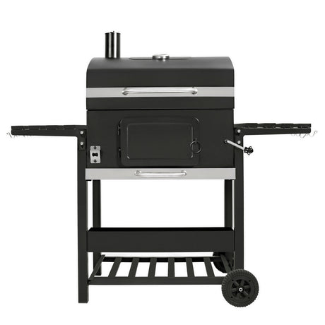 XL BBQ smoker grill in sleek black with stainless steel accents, featuring a side shelf, adjustable chimney, and sturdy wheels for mobility