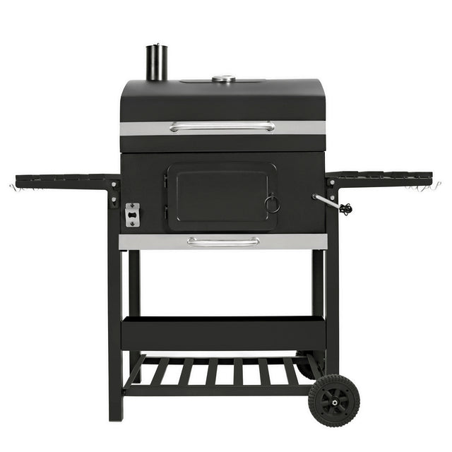 XL BBQ smoker grill in sleek black with stainless steel accents, featuring a side shelf, adjustable chimney, and sturdy wheels for mobility