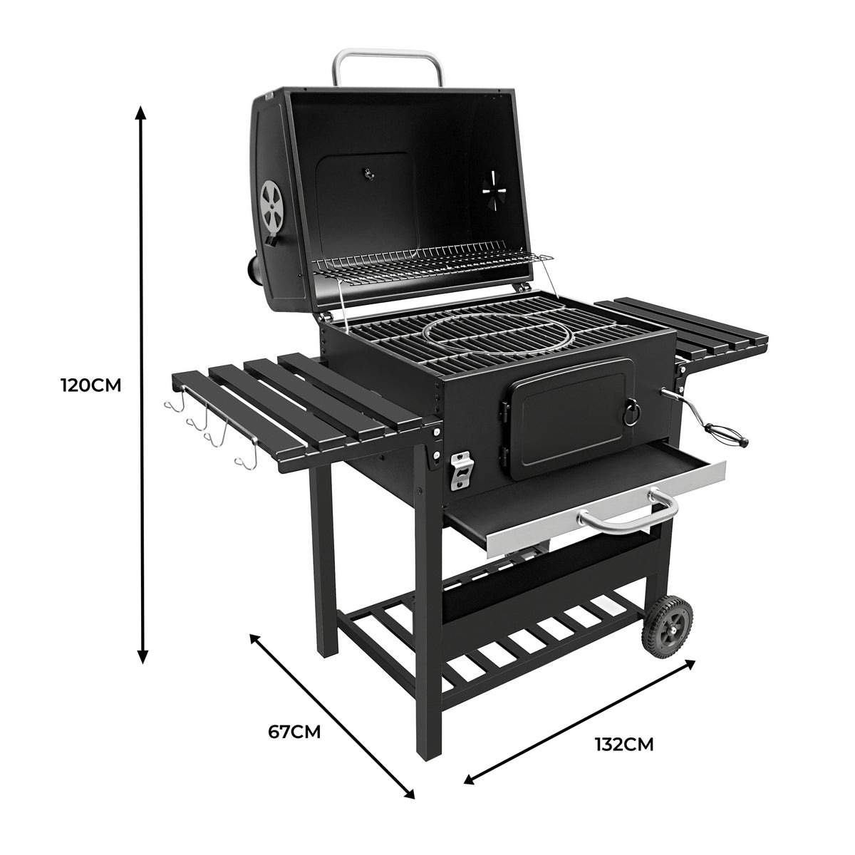 XL BBQ smoker grill with a black finish, spacious cooking area, side shelves, and a sturdy cart design for outdoor cooking