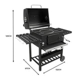 XL BBQ smoker grill with a black finish, spacious cooking area, side shelves, and a sturdy cart design for outdoor cooking