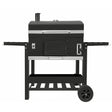 XXL BBQ smoker grill in sleek black with stainless steel accents, featuring side shelves, a large cooking chamber, and sturdy wheels for mobility